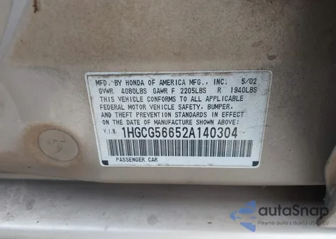 2002 Honda Accord 2.3 Ex from USA, damaged, VIN 1HGCG56652A140304